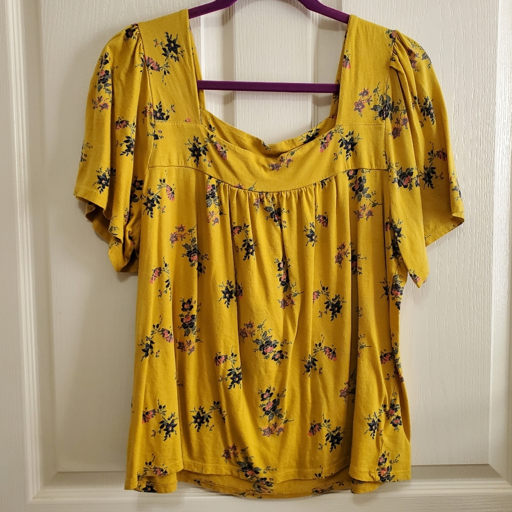 Lucky Brand Square Neck Flutter Sleeve Flowy Floral Boho Blouse Size XL